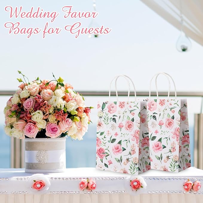 Marspark 24 Pcs Pink Wedding Flowers Paper Gift Bags for Bridal Baby Shower Engagement Birthday Party Supplies Roses Treat Bag with Handles Candy Goodie Bags for Guests, 8.3'' x 5.9'' x 3.1''(Rose)