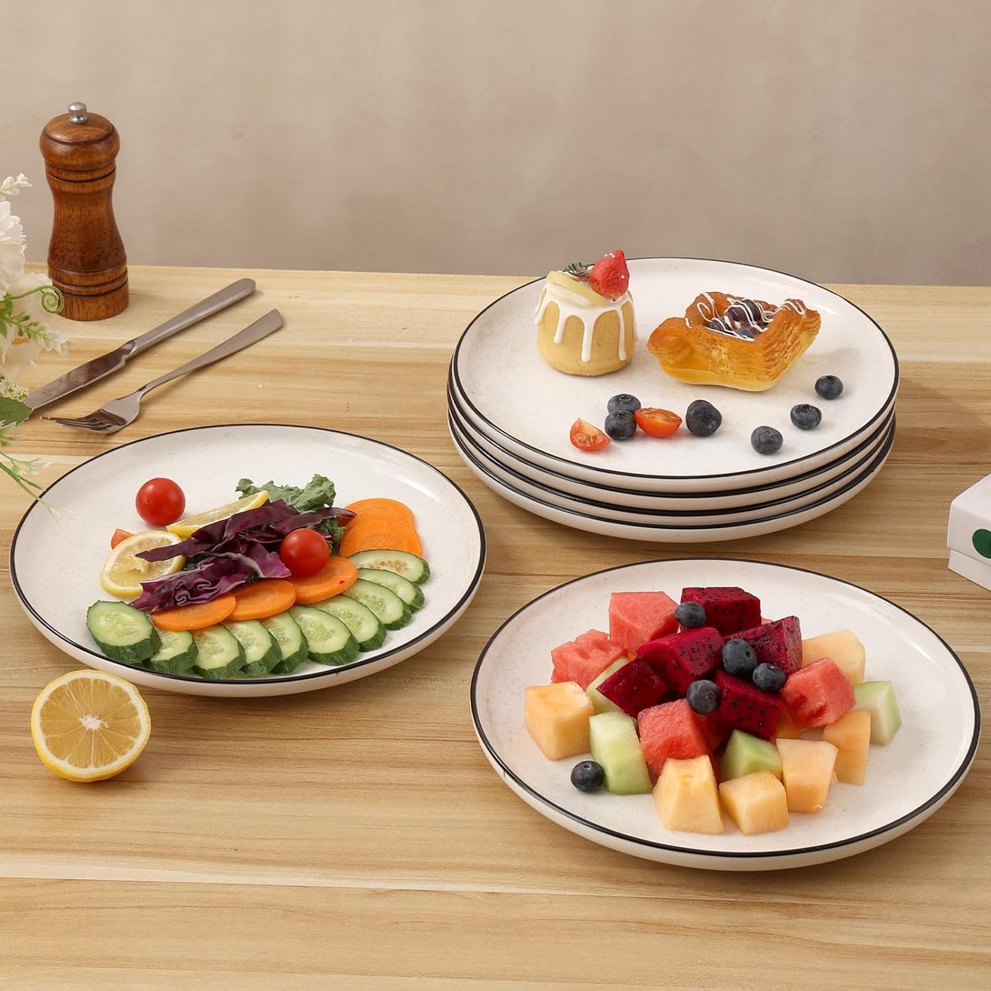 Ceramic White Dinner Plates Set of 6, 10.5 Inch Plates for Kitchen, Microwave Oven and Dishwasher Safe, Modern Dishes Set for Pasta,Steak, Dessert, Salad
