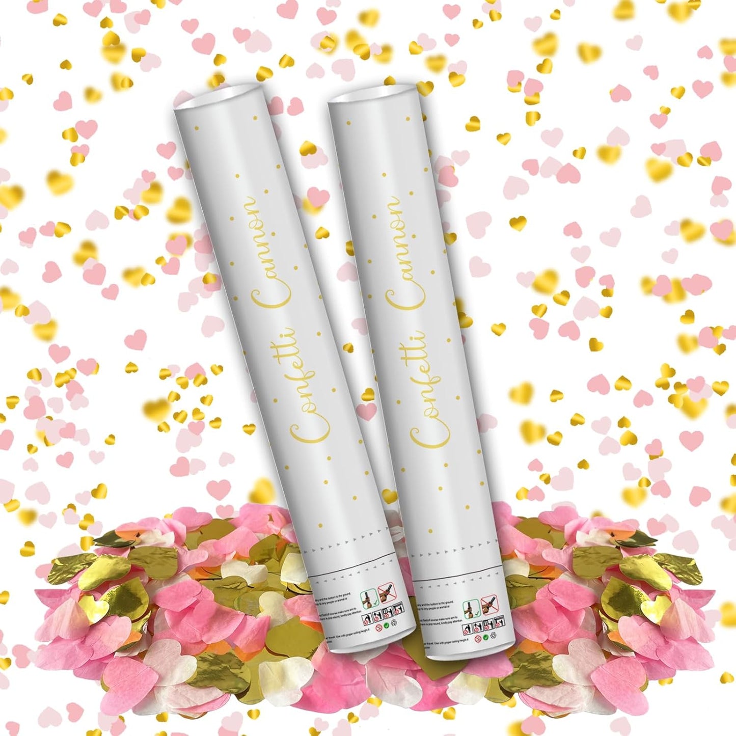 12" Confetti Cannons with Pink & Gold Heart Filling - Party Poppers for Gender Reveal Baby Shower Bridal Shower Valentine Wedding Anniversary - Easy to Use - Pack of 2
