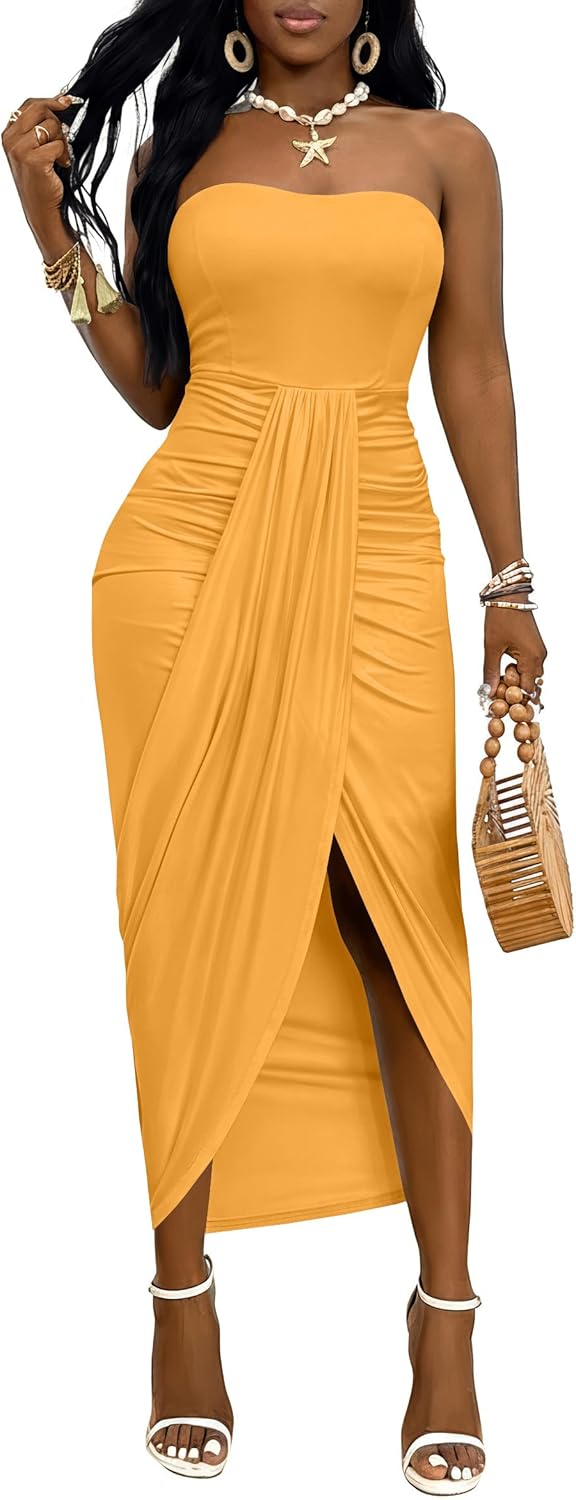 Umenlele Women's Strapless Ruched High Waist Wrap Split Asymmetrical Beach Maxi Long Dress