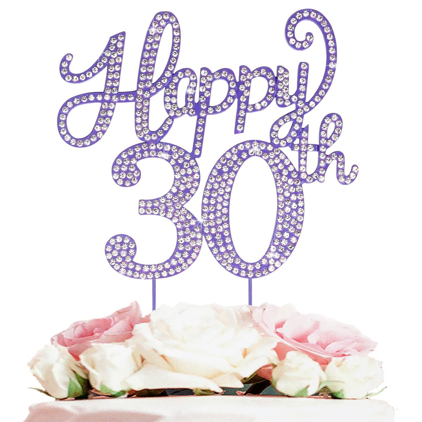 Happy 30th Birthday Purple Rhinestone Cake Topper - 30th Birthday/Anniversary,Cheers to Thirty Years Old Bday Party Metal Sparkly Centerpieces Decorations.