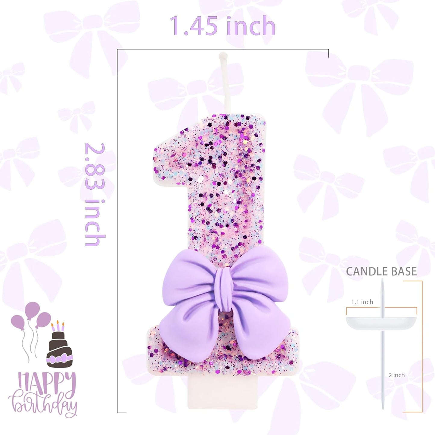 Birthday Candle for Cake, 1 Candle - Purple Bowknot, 2.76 inch Cake Topper Decoration for 1 Year Old Birthday Party (Number 1)