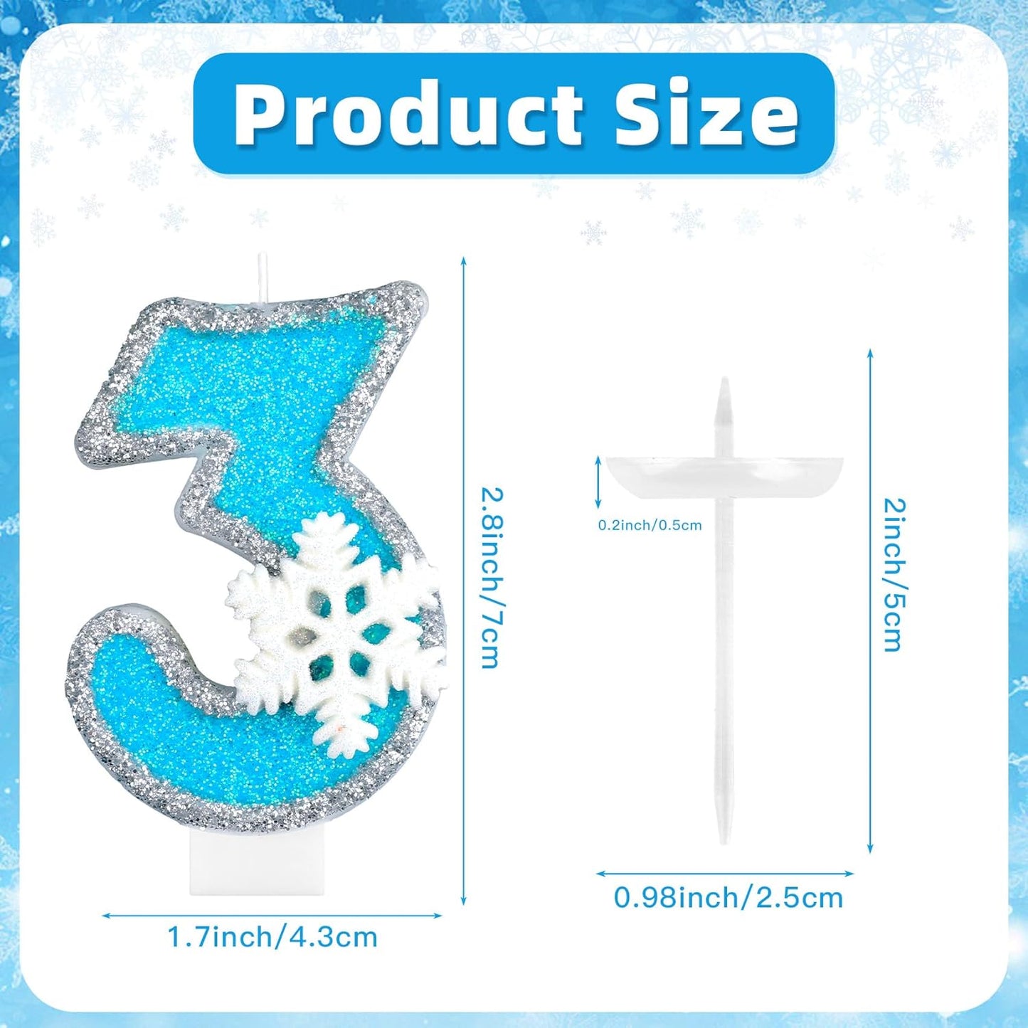 Frozen Themed Birthday Candles Party Decorations, Blue and Silver Number 3 Birthday Candle, Happy Birthday Candle for Cake, Snowflake Cake Topper Decoration for 3rd 3 Year Old Party Favor Supplies