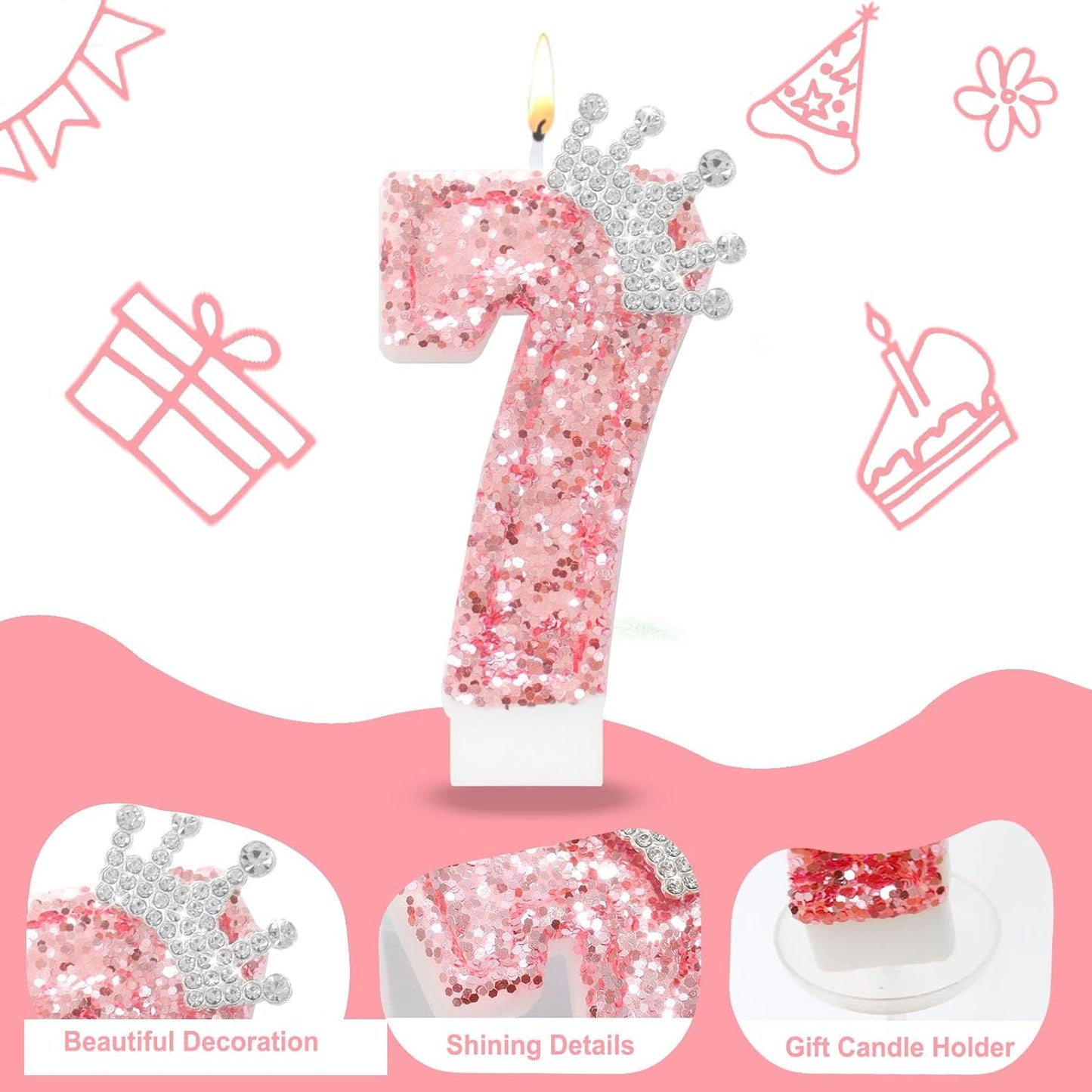 Ceya Number 7 Birthday Candles,Pink Crown Candle for Cake, Sparkling Number Glitter Candle 3.14inch Cake Topper,7st Birthday Decorations for Girl Women Reunions Anniversary Party Supplies