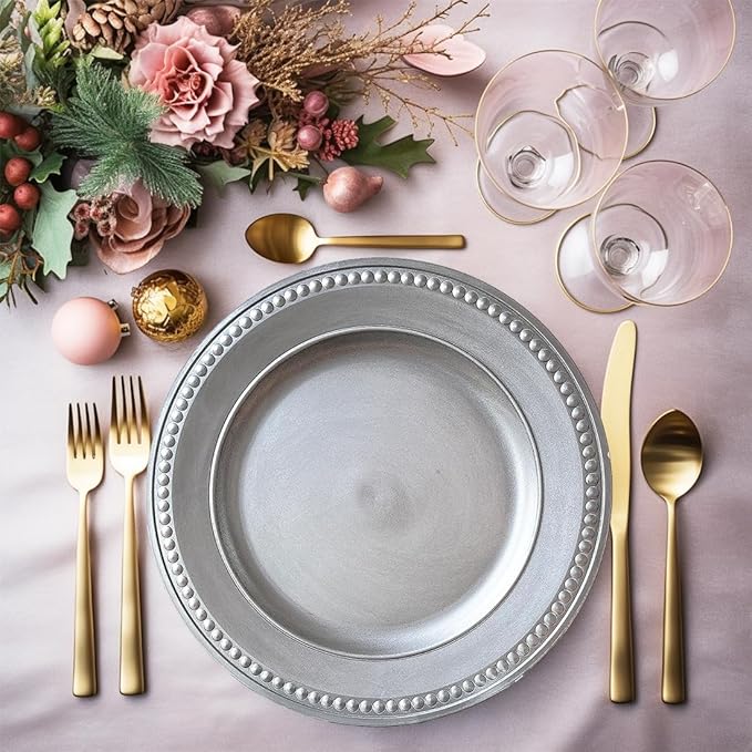 Antique Silver Charger Plates,13 Inch Vintage Dinner Plate Chargers Round Server Ware.Set of 6 Plastic Beaded Chargers for Dinner Plates, Party, Wedding(Silver)