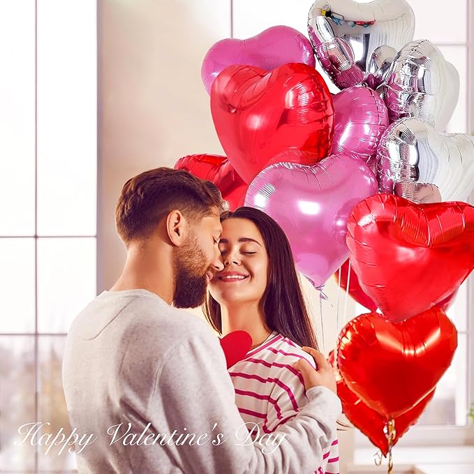 Upgraded Pink Silver and Red Balloons - Pack of 15 - Heart Shaped Foil Balloons for Valentines Day Wedding Birthday Bridal Shower Baby Shower Decorations