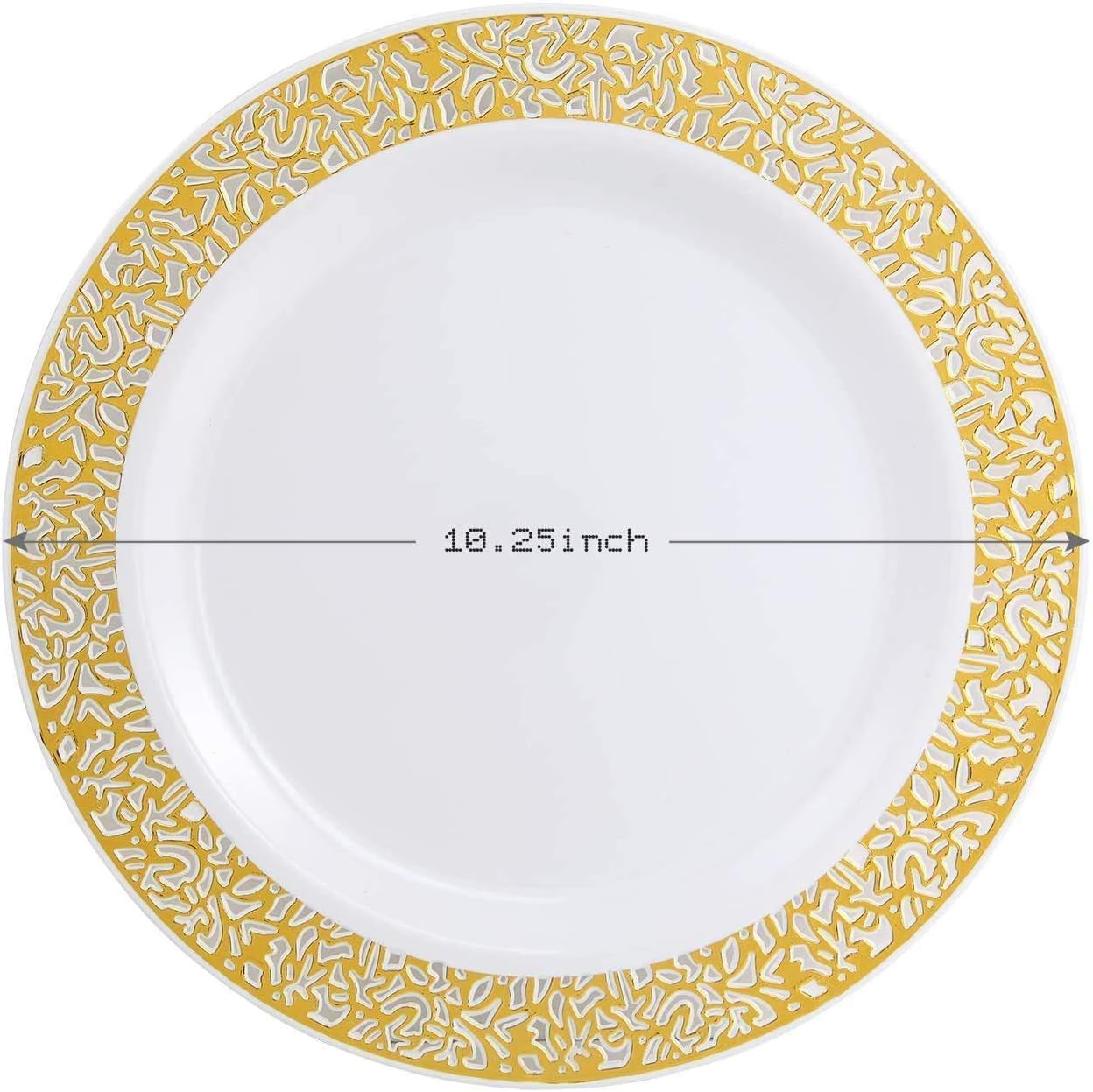 supernal 100pcs Gold Plastic Plates, 10.25" White Plastic Dinner Plate, Gold Lace Plates Heavy Duty,Disposable Plate for Tableware Weddings Celebrations and Parties