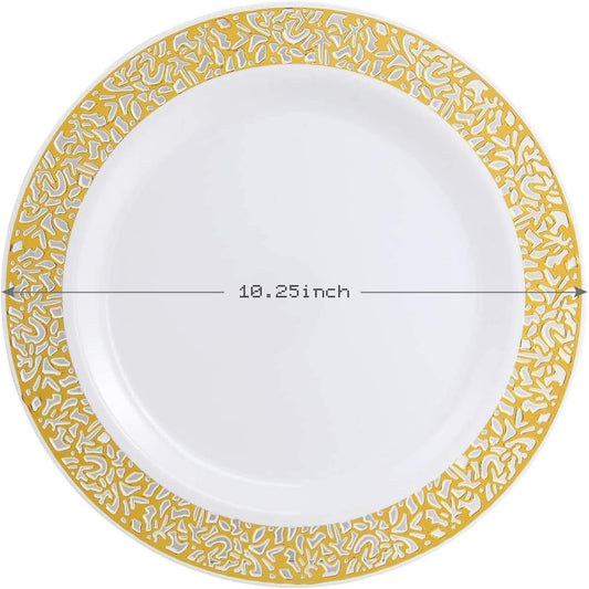 supernal 100pcs Gold Plastic Plates, 10.25" White Plastic Dinner Plate, Gold Lace Plates Heavy Duty,Disposable Plate for Tableware Weddings Celebrations and Parties