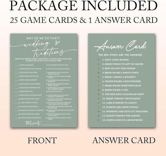Bridal Shower Games Cards, Wedding Traditions Why Do We Do That, 25 Game Cards with 1 Answer Card, Engagement Party Wedding Games for Guests, Minimalist Green Wedding Party Supplies - C08