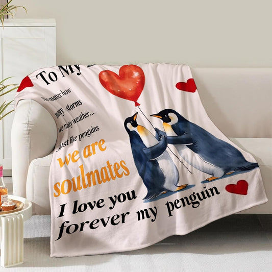 Gifts for Her from Him, Gift for Wife from Husband, Present for Boyfriend from Girlfriend Romantic Birthday Anniversary Valentines Christmas Couples Soft Cozy Penguin Throw Gifts for Women Men 60"x50"