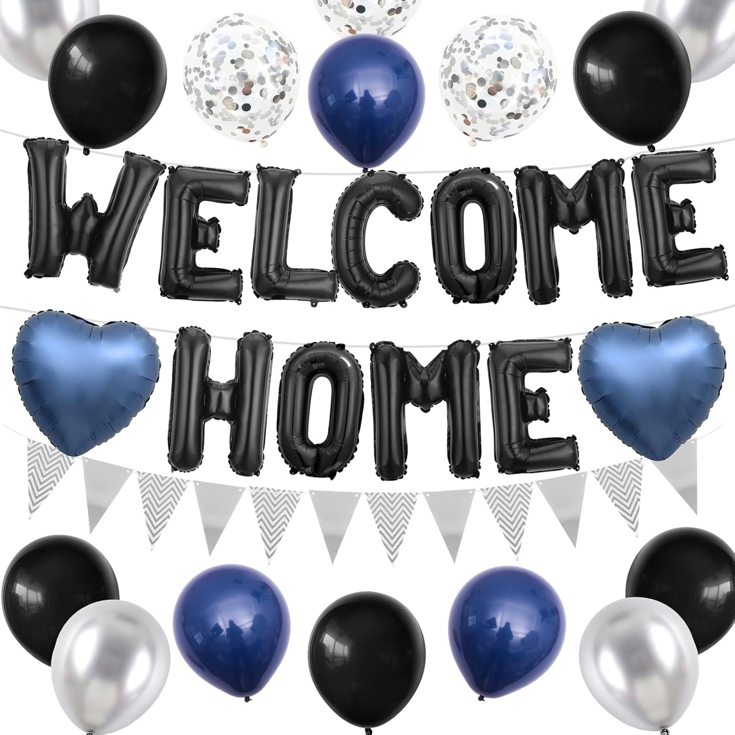 Welcome Home Decorations Black Blue Silver,Black Welcome Home Foil Balloon Banner with Navy Blue Heart Balloons Pennant Flag Bunting for Housewarming Baby Shower Family Party Supplies