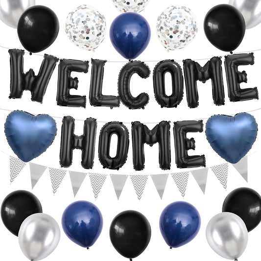 Welcome Home Decorations Black Blue Silver,Black Welcome Home Foil Balloon Banner with Navy Blue Heart Balloons Pennant Flag Bunting for Housewarming Baby Shower Family Party Supplies