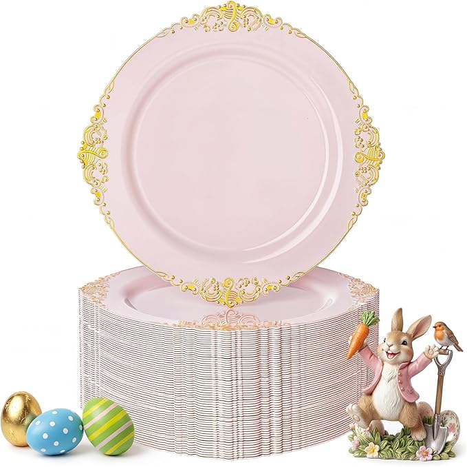 Nervure 100PCS Pink and Gold Plastic Plates - 10.25Inch Pink Disposable Plates - Plastic Dinner Plate for Weddings & Parties & Easter