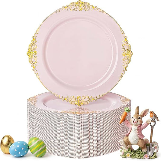 Nervure 100PCS Pink and Gold Plastic Plates - 10.25Inch Pink Disposable Plates - Plastic Dinner Plate for Weddings & Parties & Easter