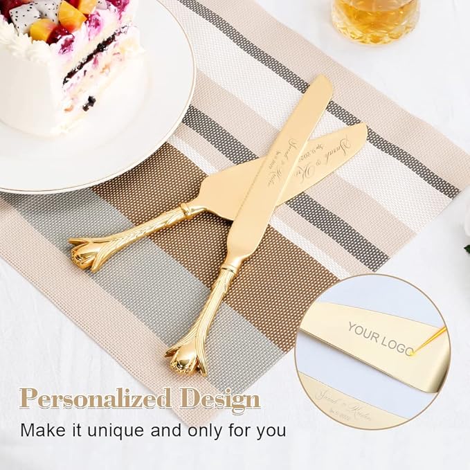 TUKDAK Cake Cutting Set for Wedding, Personalized Gold Cake Knife and Server Set, Custom Cake Serving Set, Engraved Pastry Pie Server Cake Pizza Cutter, Birthday Bridal Gift (CUS-Romance)