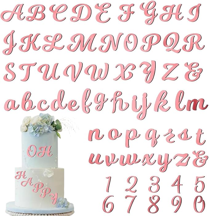 64 Pcs Acrylic Number & Alphabet Cake Toppers - A-Z Letters, 0-9 Numbers, Rose Gold - DIY Personalized Name Cupcake Toppers for Weddings, Birthdays, Party Decorations
