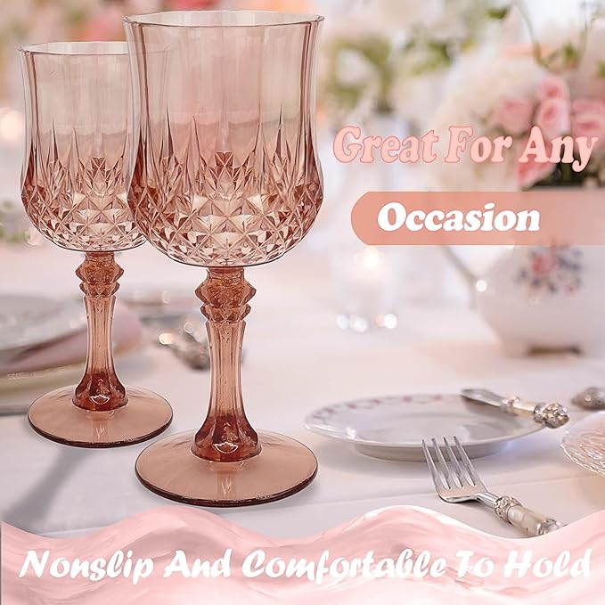 12 PCS Rose Gold Plastic Wine Glasses，Cordial Glasses，Goblets，Can be Used for Weddings, Everyday Fun Parties and More!