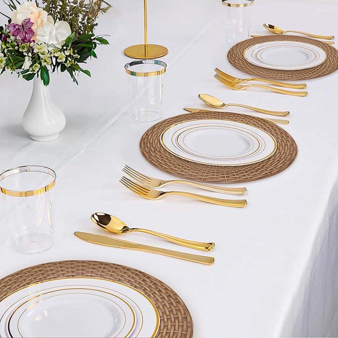 MAONAME Faux Rattan Charger Plates Set of 12, Table Chargers for Dinner Plates, 13" Round Brown Plate Chargers, Plastic Charger for Table Setting, Wedding Decor