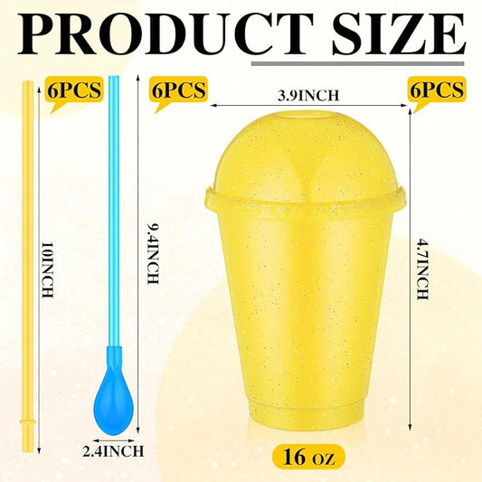 6 Set Slushie Cups with Dome Lids and Straws Detachable Spoon Straws Reusable Plastic Iced Coffee Cups Smoothie Tumbler for Birthdays Summer Party Supplies(Yellow,16 oz)
