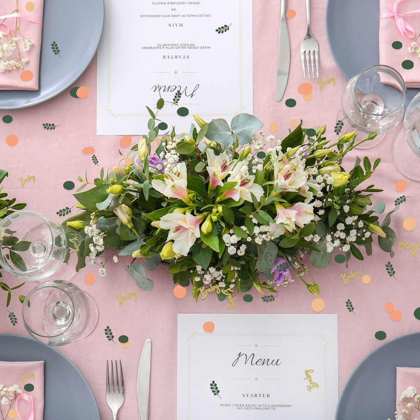200 Pcs Greenery Baby Shower Confetti Scatter Decorations, Green Gold White Table Confetti Dots with Eucalyptus and Gold Glitte Baby Confetti Scatter for Baby Shower Gender Reveal Décor, 2.1