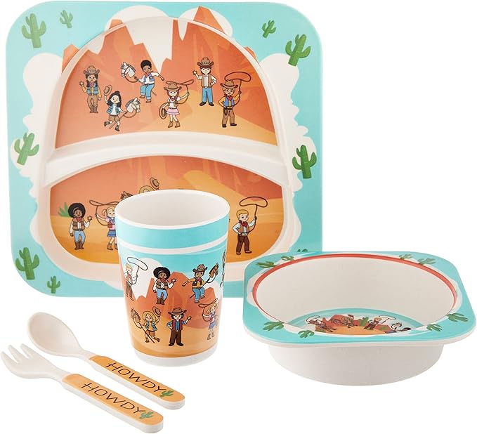 Western Cowboys Themed Kids Dinnerware - 5 Piece Set, Bamboo Fiber Plate, Bowl & Cup, Toddler Safe Utensils