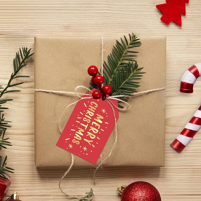 Anwyll Christmas Gift Tags with String - 50Pcs Gold and Red Merry Christmas Tags for Gifts Xmas Gift Tag Happy Holidays Hang Paper Label Tag for Present Wrapping Treat Goodie Bag Holiday Party Favors