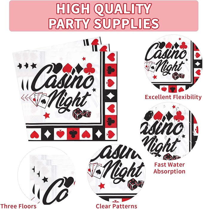 Grencian 200PCS Casino Party Decorations Poker Plates and Napkins Disposable Casino Birthday Paper Tableware Set for Las Vegas Night Poker Club Birthday Party Supplies, Serves 50