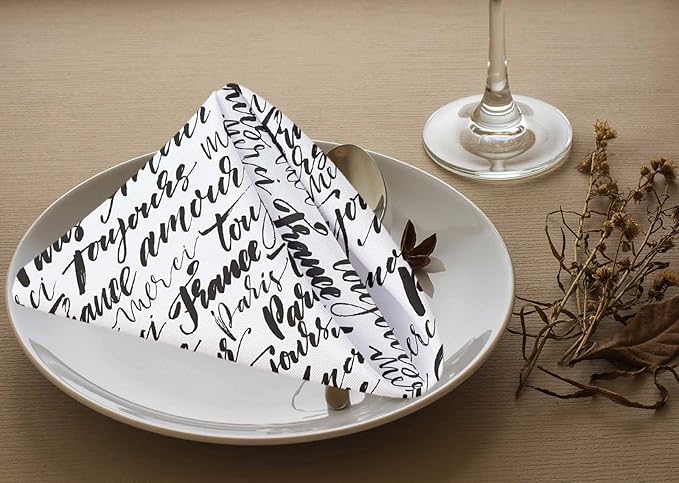 Yibeas Hand Drawn French Words Cloth Napkins Set of 4 Soft Paris, France, Always Love, Thank You and Hello Washable and Reusable Dinner Napkins for Weddings Parties 18 x 18 inch