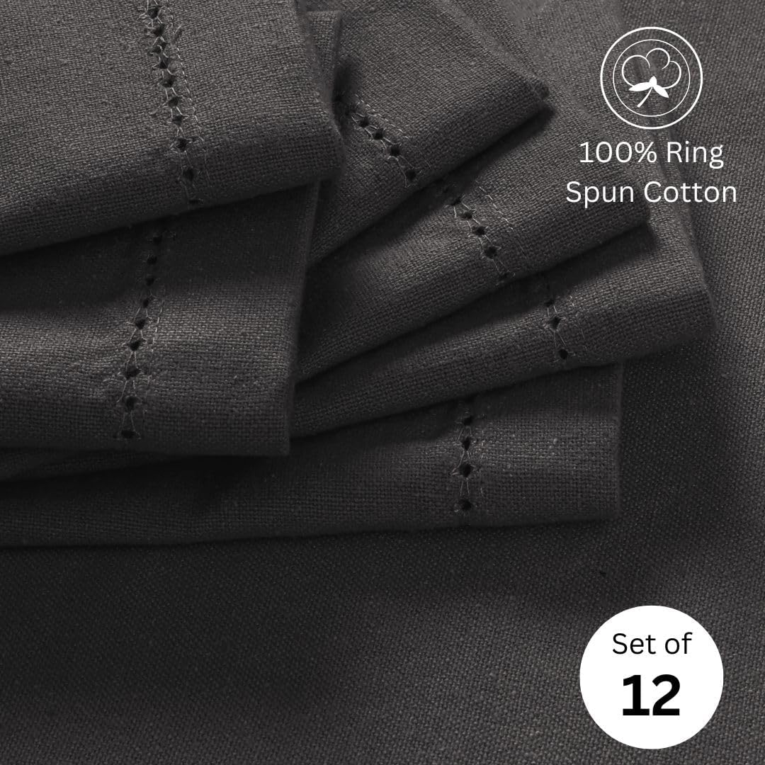 Hemstitch Cloth Dinner Napkins 100% Cotton Set of 12 - for Dining Special Occasions Weddings Parties Holidays Easter - Soft Durable Washable - 18x18 Inch Table Cloth Napkins Charcoal Grey