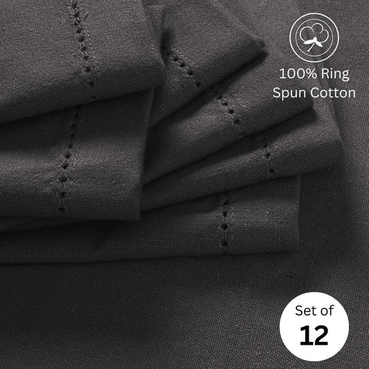 Hemstitch Cloth Dinner Napkins 100% Cotton Set of 12 - for Dining Special Occasions Weddings Parties Holidays Easter - Soft Durable Washable - 18x18 Inch Table Cloth Napkins Charcoal Grey