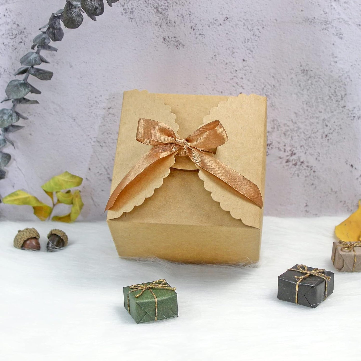 Brown Box for Presents, 10 Pack Small Empty Kraft Paper Gift Boxes with Ribbon For Packaging Candy, Cookie, Chocolate, Craft, Candle, Small Gifts, 4.75” x 4.75” x 3.53”