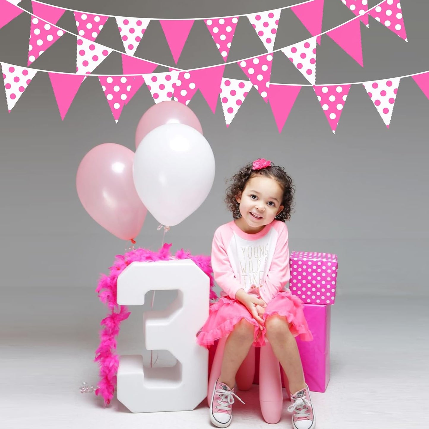 32Ft Hot Pink Party Decorations Pink Fabric Pokal Dot Pennant Triangle Banner Party Flag Bunting Streamer Garland for Birthday Wedding Baby Shower Anniversary Home Outdoor Garden Decor Supplies