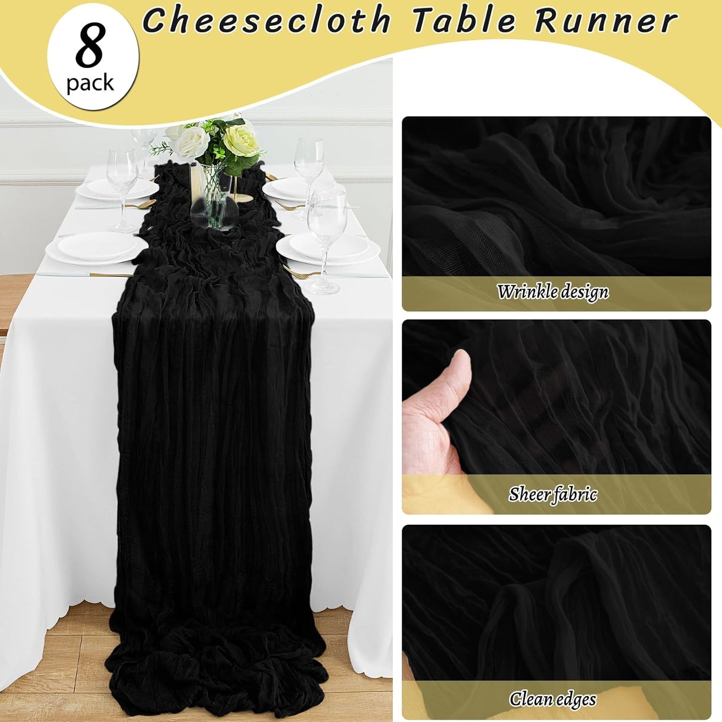 8Pack Black Halloween Table Runner 10FT Cheesecloth Table Runner 35x120Inch Long Boho Cheese Cloth Table Runners Rustic Gauze Table Runners for Party Wedding Bridal Shower Baby Shower Decorations