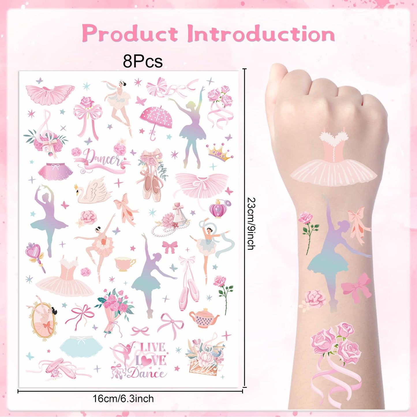 Ballerina Party Temporary Tattoos - 200+ Ballet Dance Temporary Tattoos Stickers Dance Party Decorations Gifts Dance Party Favors Cute Temporary Tattoos Ballet Themed Party Supplies for Kids