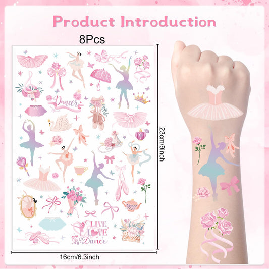 Ballerina Party Temporary Tattoos - 200+ Ballet Dance Temporary Tattoos Stickers Dance Party Decorations Gifts Dance Party Favors Cute Temporary Tattoos Ballet Themed Party Supplies for Kids