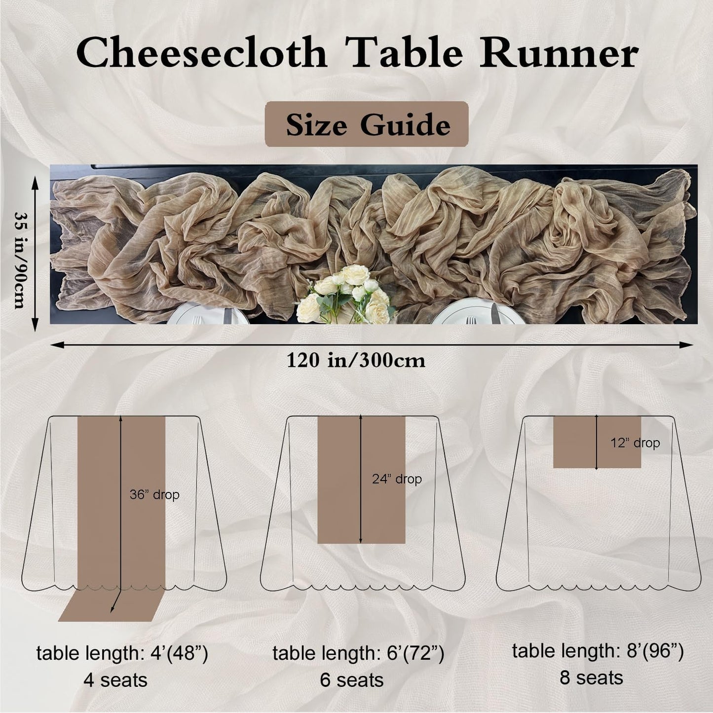 Booque Valley Nude Cheesecloth Table Runner 120 Inch 10ft Super Soft Boho Wrinkled Gauze Sheer Cloth for Baby Shower Birthday Bridal Shower Wedding Centerpiece Table Decoration, 6 Pack, Tan