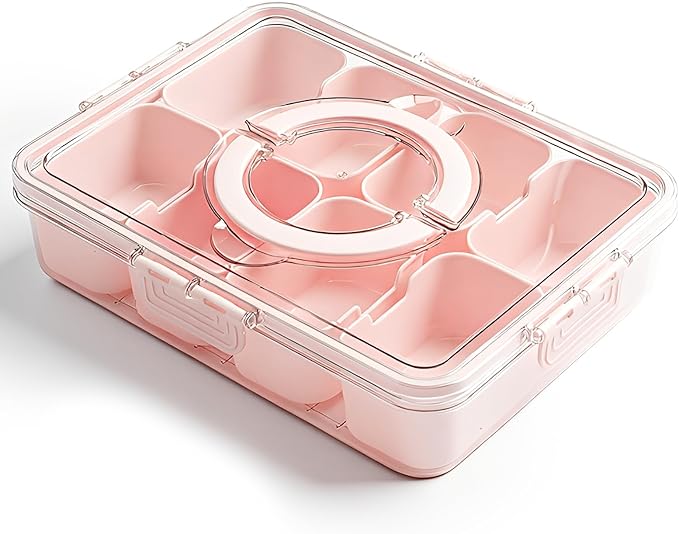 Snackle Box Container, Divided Serving Tray with Lid and Handl 8 Compartments Snacks Box,Candy Snack Fruit and Veggie Tray, Suitable for Picnics Trips Parties and Holidays