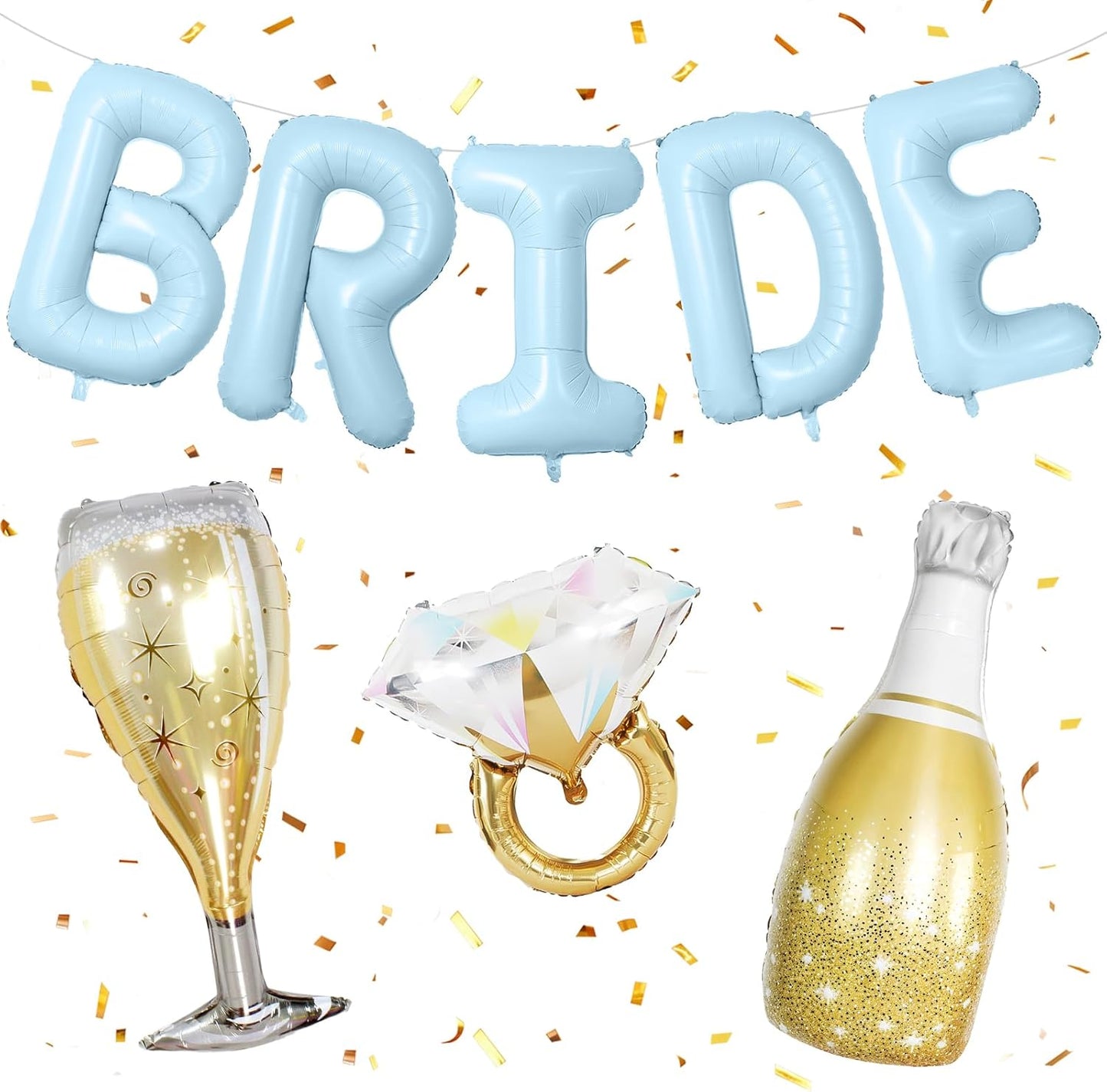 40inch Bride Balloons Baby Blue Letters Banner, Bachelorette Party Decorations Set with Diamond Ring Champagne Bottle Balloon Glass Foil Balloon for Bachelorette Engagement Wedding Bridal Shower Decor