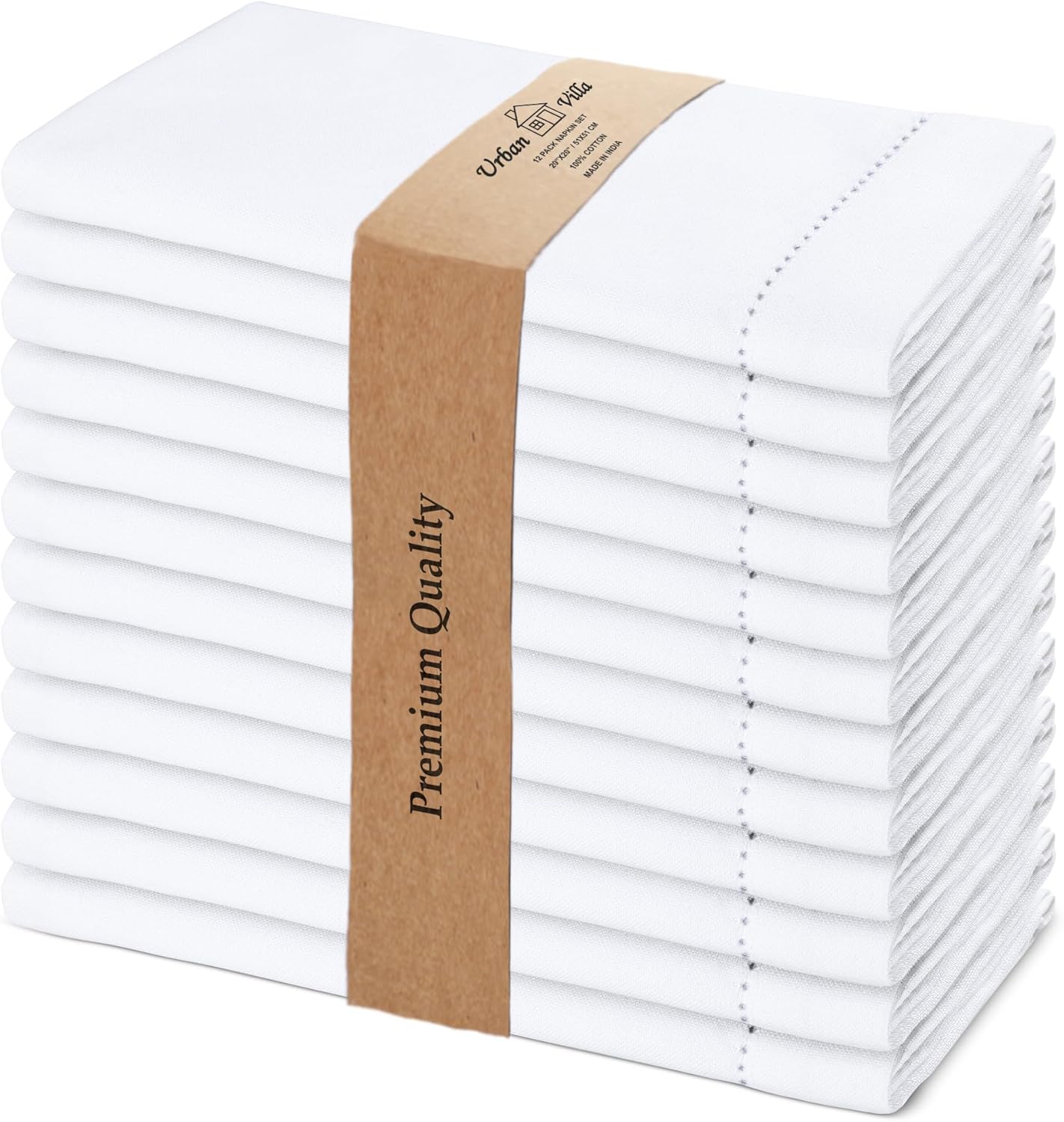 Urban Villa White Cloth Napkins Set of 12 100% Cotton Hemstitch Dinner Napkins Cloths Washable 20”x20” Absorbent Soft Durable Reusable-Ideal for Everyday Use Parties Wedding Thanks Giving Christmas