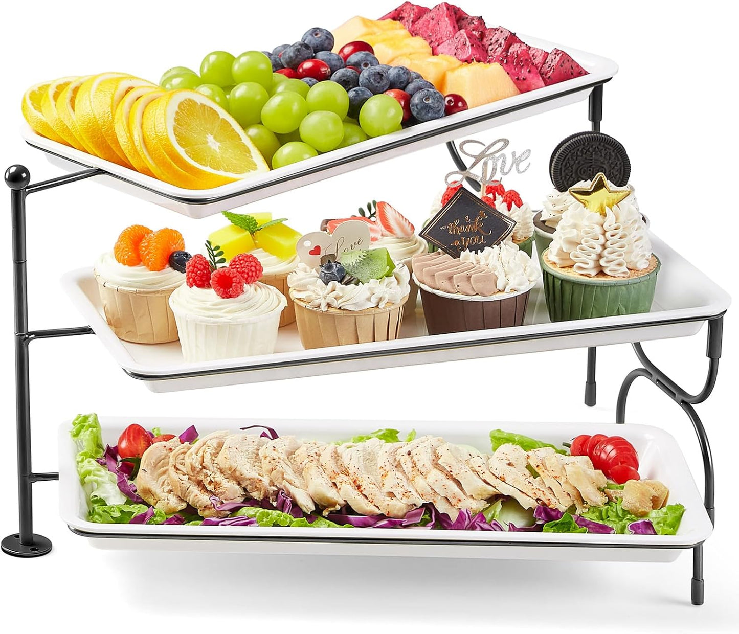 Lifewit 3 Tier Serving Tray, 14" x 6.5" White Plastic Tiered Food Serving Platters, Rotatable Tiered Tray Stand for Party with Black Collapsible Metal Stand, Dessert Table Stands for Cookies, Crackers