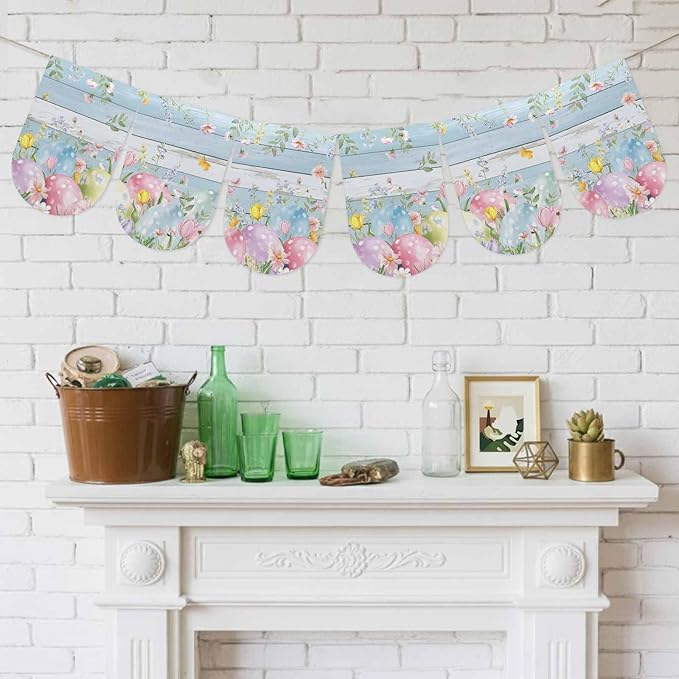 Easter Eggs Banner 3Pcs Indoor Outdoor Hanging Banner Flag Spring Daisy Eucalyptus Leaves Light Blue Wood Sign for Fireplace Mantel Decorative Bunting Garland Valance for Shop Door Decor 7.9"x11.8"