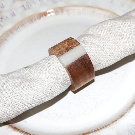 Wooden Napkin Rings Set of 8 for Dinning Table Decor - Acacia Wood Resin Napkin Holde for Cloth Napkin (Round Shape,Ivory Color)