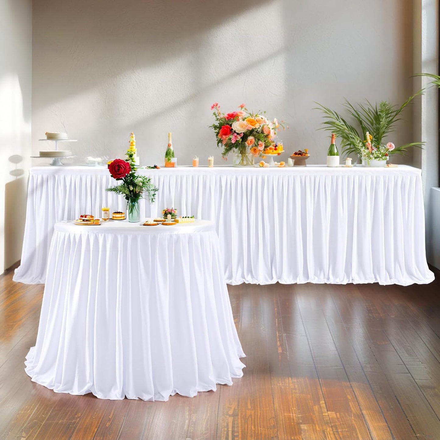 17ft White Table Skirts for Rectangle Tables Polyester Pleated Table Skirt Desk Skirts Ruffle Table Skirt Tablecloth for Wedding Birthday Party Baby Bridal Shower Banquet Table Decoration
