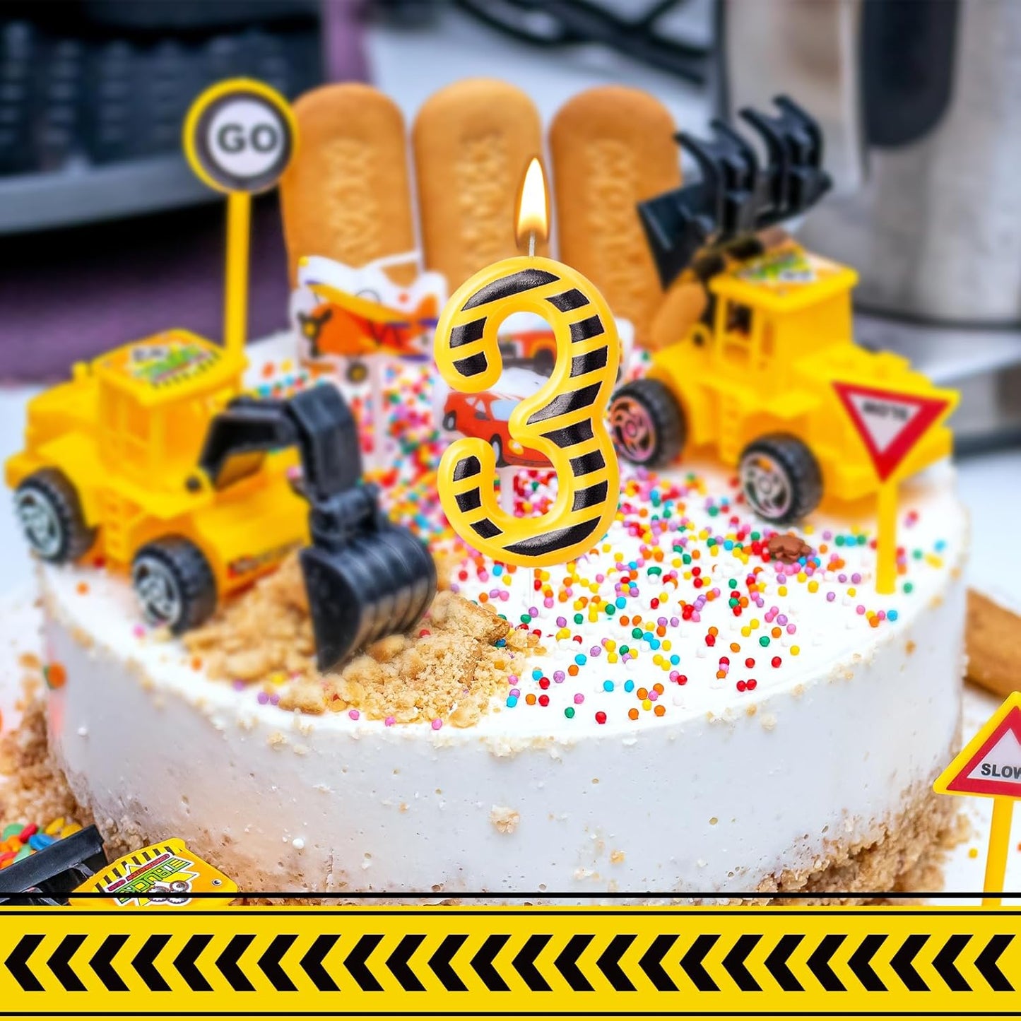 Construction Number 3 Candle, Number 3, Modern, Yellow+Black, Uniscented, Long Burning, Odorless, Indoor, All Season, Construction Themed Birthday Candle