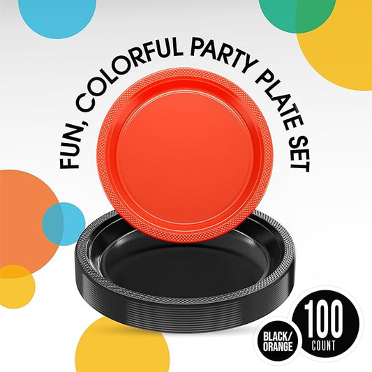 Party Solids Black & Orange Plastic Plates For Party Supplies, Black & Orange Disposable Plates 100 Pcs - 50-7" & 50-9" Heavy Duty 350 GSM Disposable Dinnerware Sets, Plastic Dinnerware Sets