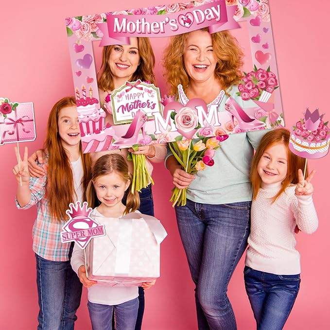 Mothers Day Decorations 23pcs Mothers Day Photo Booth Props and Pink Photo Frame Happy Mothers Day Selfie Props with Sticks for Mother Day Party Supplies