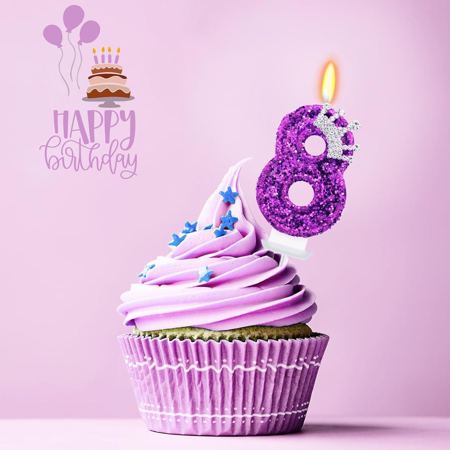 Purple Birthday Candle for Cake, Crown Purple Number Candles, 2.76 inch Cake Topper Decoration for Princess Birthday Party (Number 8)