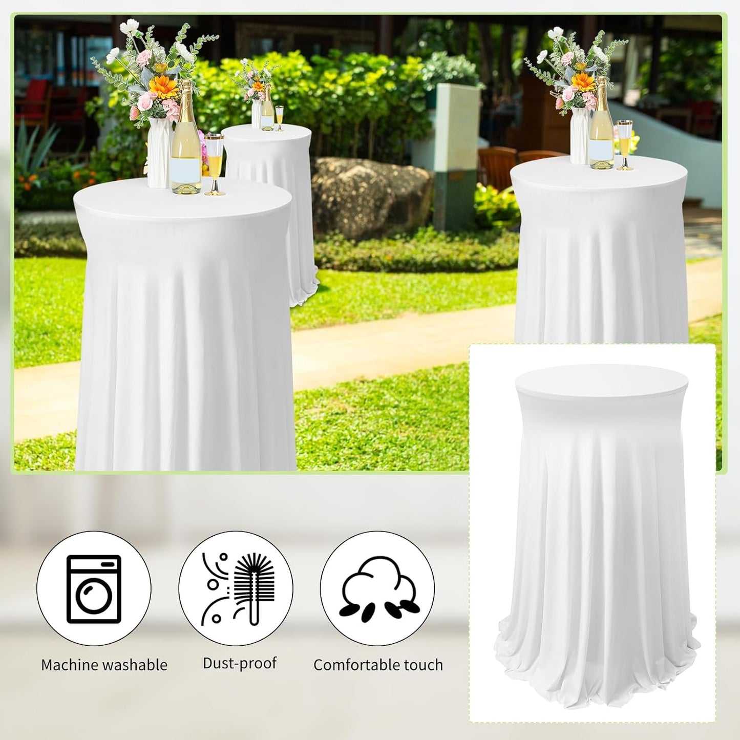 Tegeme 3 Packs 32 x 43 Inch Round Spandex Cocktail Tablecloths with Skirt Cocktail Round Table Cover Spandex Stretch Tablecloth for Fitted High Top Table Bar Wedding Party Banquet (White)