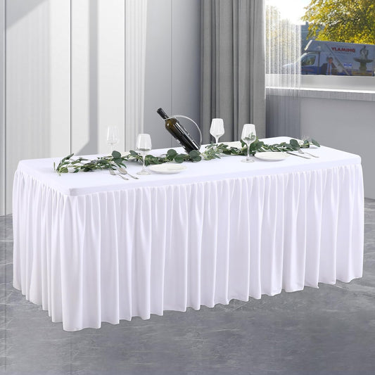 White Tablecloth Rectangle Tables 6FT, Polyester Wrinkle Free Stretch Table Skirt for Rectangle Tables 6ft Pleated Ruffle Fitted Table Cover with Skirt for Weddings Birthday Banquet Baby Shower