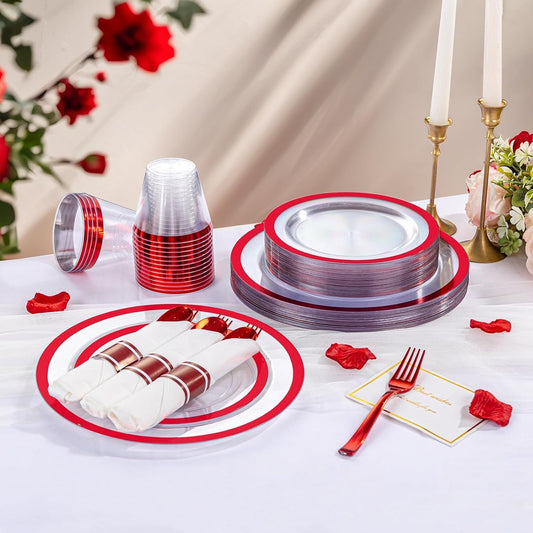 I00000 210 Pcs Red Dinnerware Set,Clear and Red Plastic Plates Include 30 Dinner Plates, 30 Dessert Plates,30 Cups,30 Rolled Napkins with Plastic Cutlery for Romantic Dinner, Christmas Party Supplies